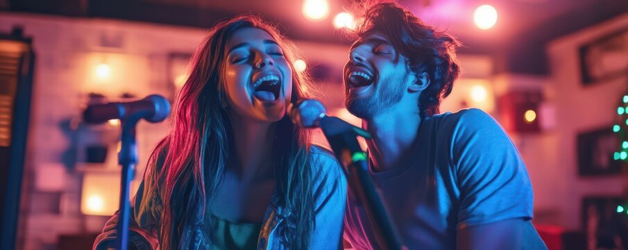 Young caucasian adults singing karaoke in vibrant lounge setting