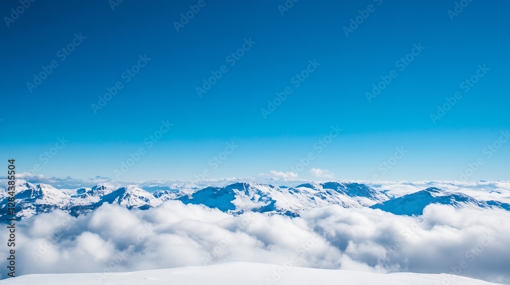 Poster breathtaking panoramic view of snow capped mountains under a bright blue sky with fluffy clouds in t