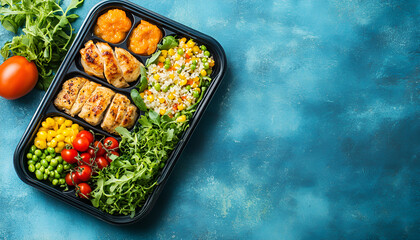 Healthy food delivery. Take away of organic daily meal on blue, copy space. Clean eating concept, healthy food, fitness nutrition plan