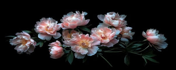 Delicate pink peonies on dark background: lush blooming flowers and green foliage display