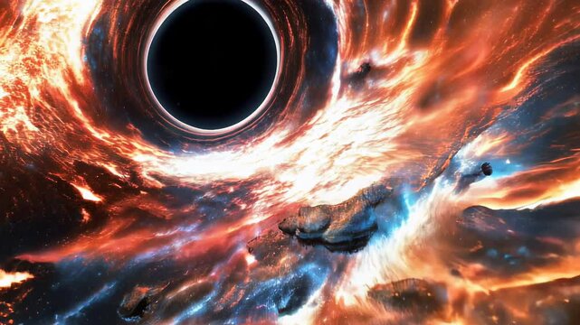 Black hole enigma: vast cosmic force, gravity's influence, event horizon concept, supermassive core, wormhole hypothesis, space-time curvature, celestial power, galaxy center, astrophysics puzzle.