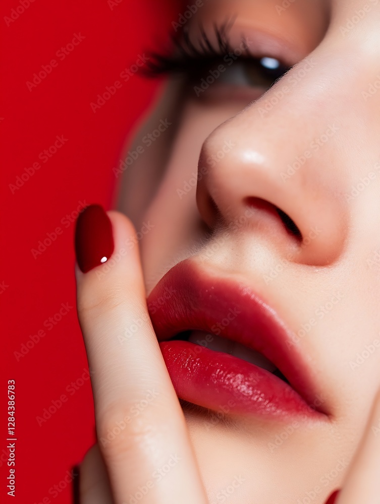 Poster close up portrait of a model with bold red lips against a striking red background highlighting beaut