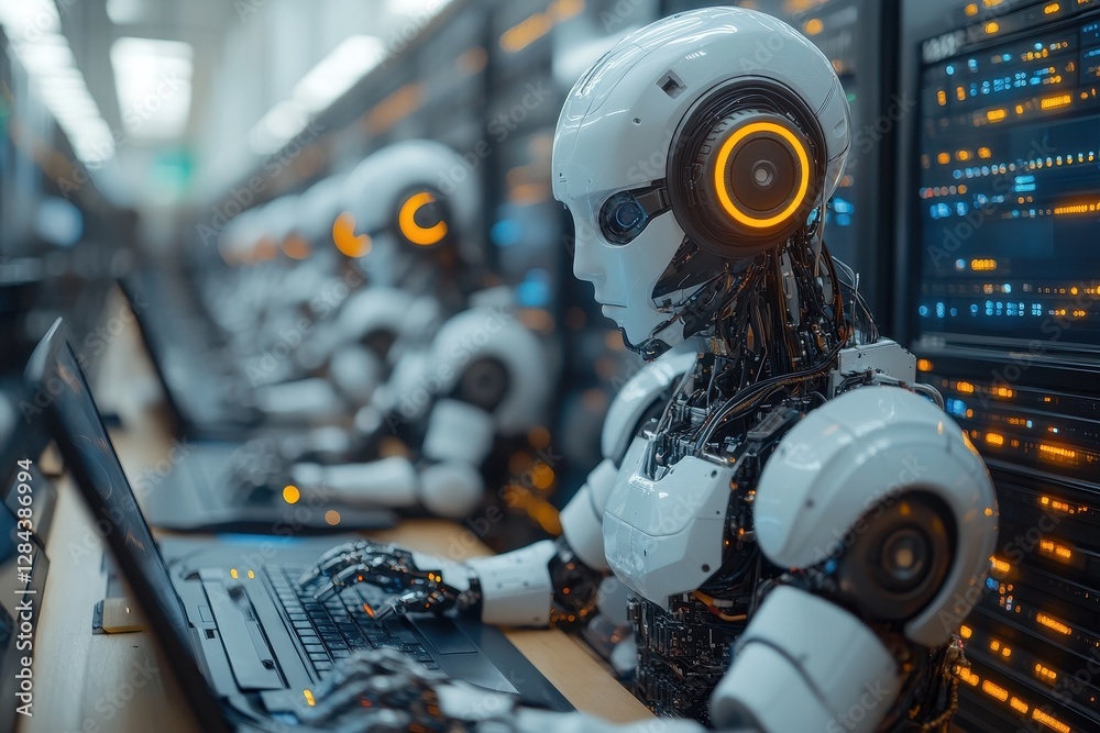 Poster robots working on advanced computing tasks in a high-tech server room during the day
