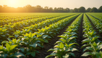 Early Morning Glow on Agricultural Field with Healthy Plants and Tree Line for Farming Efficiency