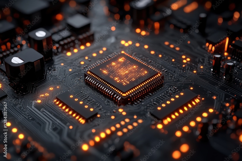 Poster close-up view of a circuit board with illuminated components showcasing intricate electronic design 