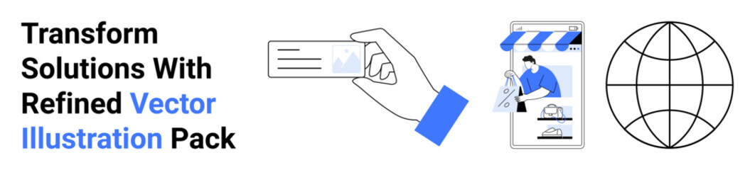 Hand holding business card beside smartphone storefront and globe outline symbolizing networking, e-commerce, marketing, branding, global outreach, technology, and communication. Ideal for flat