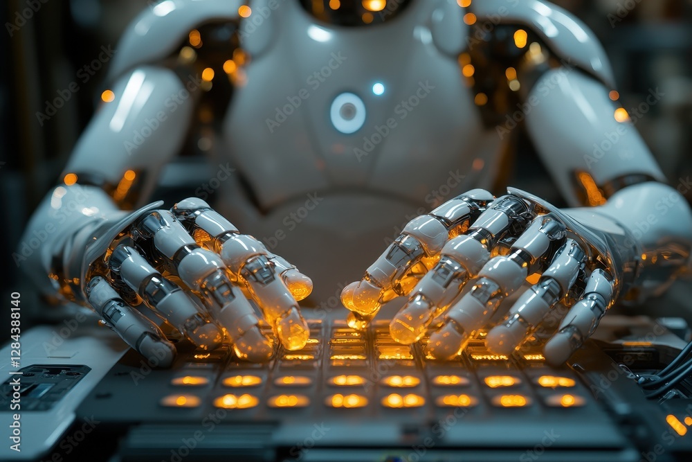Poster futuristic robot creating light patterns on a control panel in a high-tech workshop at night