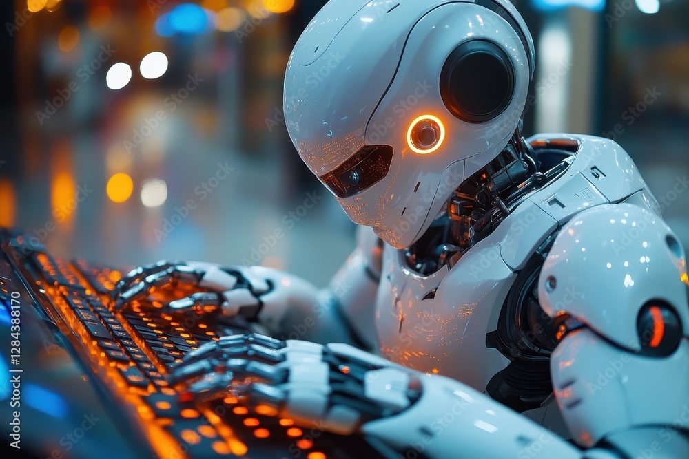 Poster robot working on a computer keyboard in a modern technology environment with glowing lights