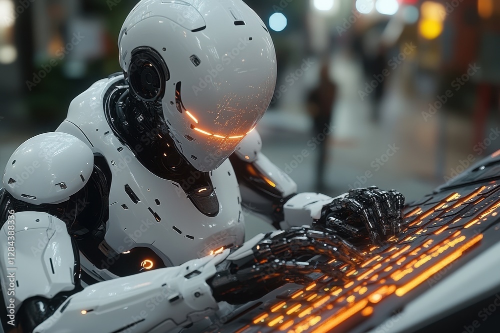 Poster robot using a keyboard in a modern urban setting at night showcasing advanced technology and digital