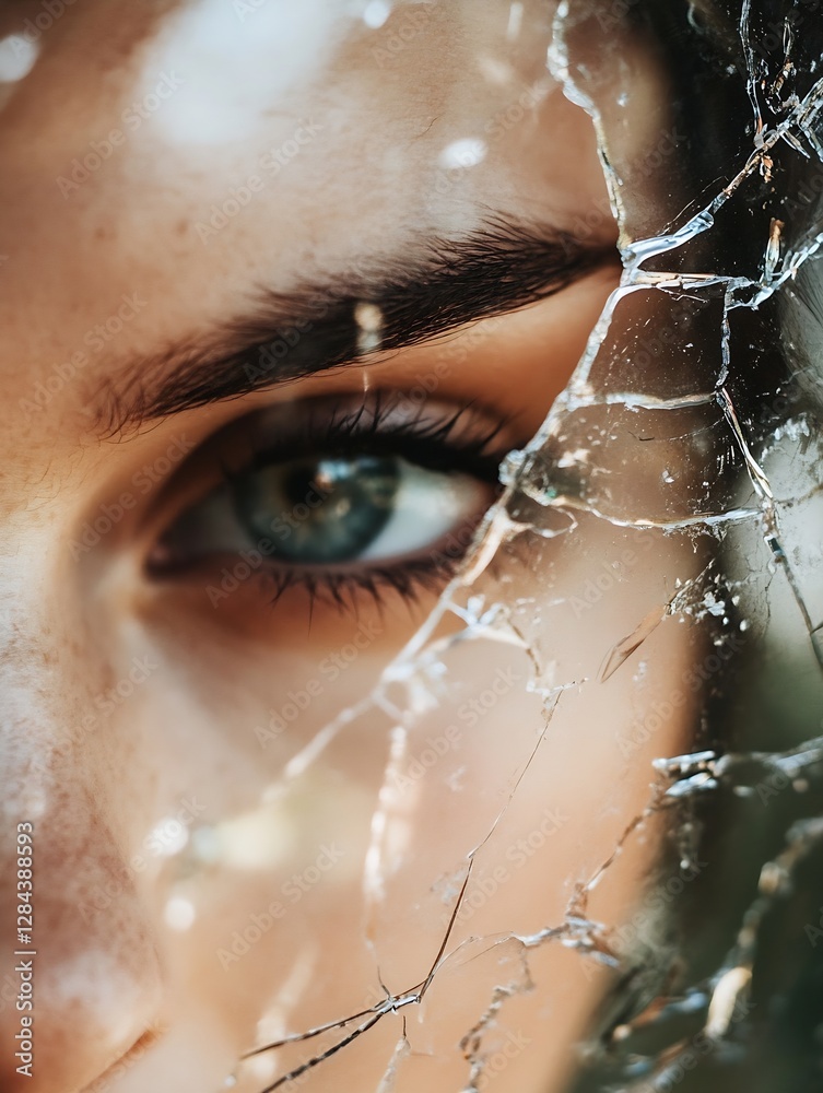 Poster close up of woman's eye reflected in shattered glass surface with intense expression : generative ai
