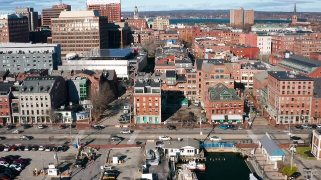 Aerial Pan of Downtown Portland, Maine Buildings