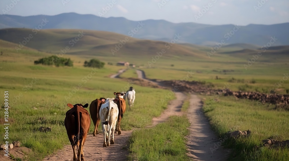 Poster cows walking down a dusty path in a beautiful green landscape under a clear blue sky : generative ai
