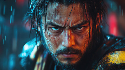 Close-up samurai, intense gaze, rainy night, battle background