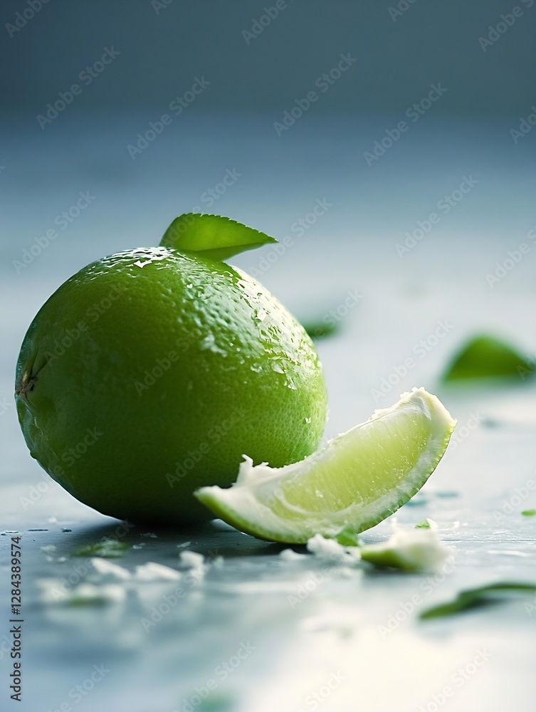 Aufkleber fresh green lime cut in half on a table surrounded by whole limes showcasing vibrant color and textu