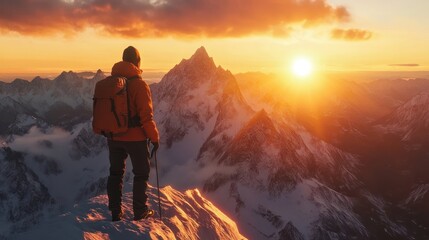 Fototapeta premium Adventurer standing on snowy mountain peak at sunrise