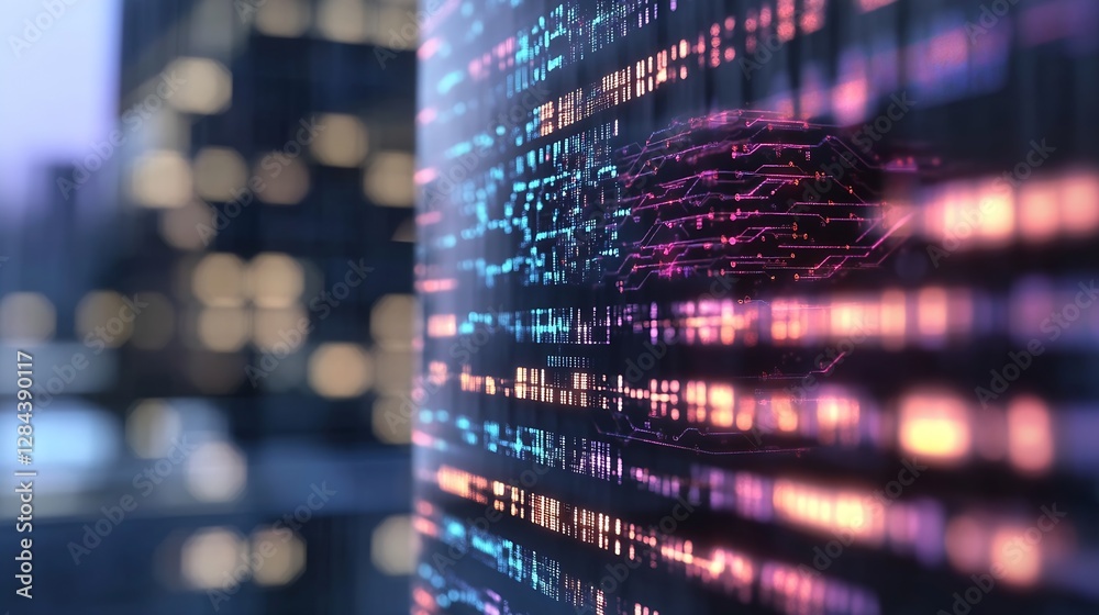 Poster Futuristic digital abstract patterns glowing in vibrant colors against an urban skyline at twilight : Generative AI