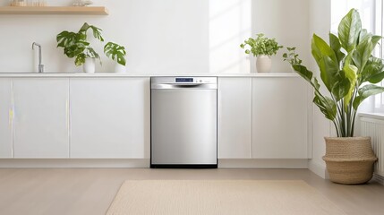 Modern stainless steel dishwasher in bright minimalist kitchen interior with green plants