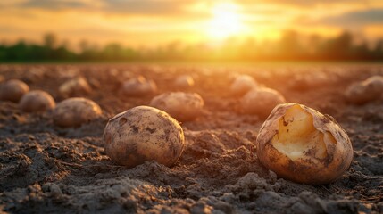 Fresh Potatoes on Soil at Sunset in a Natural Landscape
