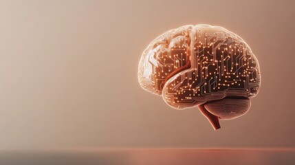 Naklejka premium A detailed brain model features glowing circuitry patterns that represent artificial intelligence. This design highlights innovation in technology and neuroscience, blending organic and digital forms