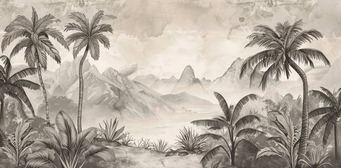 Watercolor pattern wallpaper. Painting of a jungle landscape in vintage retro style.