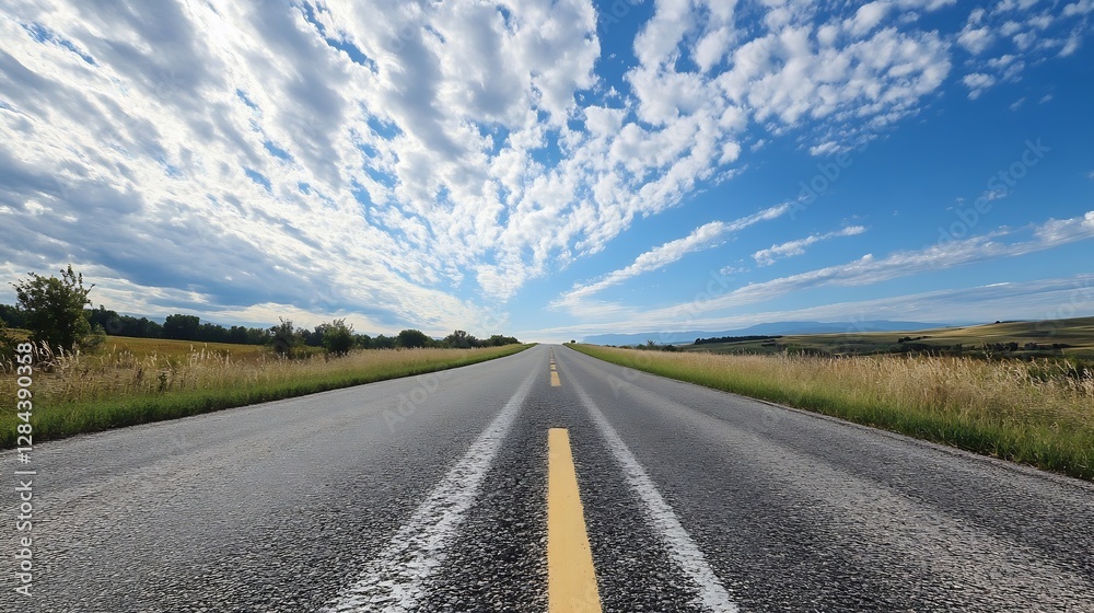 Poster open highway stretching into the horizon beneath a stunning sky filled with dynamic clouds showcasin