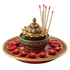 A Traditional Chinese Incense Set with a Golden Hold Isolated on Transparent Background