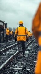 A group of workers dressed in bright yellow uniforms and helmets walk along railway tracks during a cloudy, rainy day. The setting showcases a construction area in progress