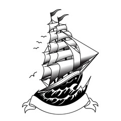 Vintage Black and White Nautical Tattoo Style Illustration of a Sailing Ship with Billowing Sails, Ocean Waves, Flying Seagulls, and a Blank Banner for Custom Text, Inspired by Traditional Maritime