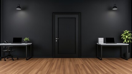 Dark Minimalist Office Interior: 3D Render of a Modern Workspace AI Generated