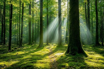 Fototapeta premium Sunlight streams through mossy forest