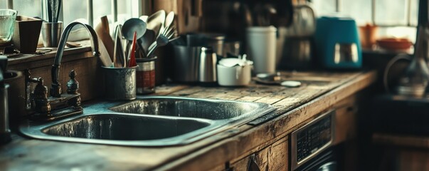 Rustic kitchen interior with wooden countertop and vintage appliances near a double sink