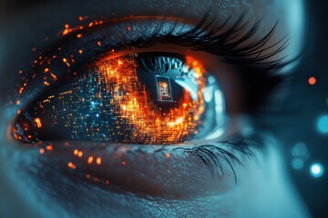 Eye reflecting vibrant digital landscape with glowing data patterns during a futuristic exploration
