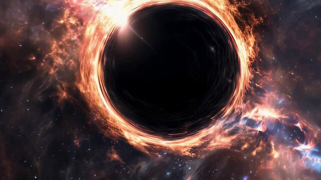 Cosmic abyss: supermassive black hole, event horizon secrets, gravitational effects, galactic core, space-time disruption, wormhole speculation, astronomical wonder, universal force.