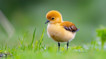 Fototapeta premium Small fluffy orange chick stands on vibrant green grass in a field during daytime.