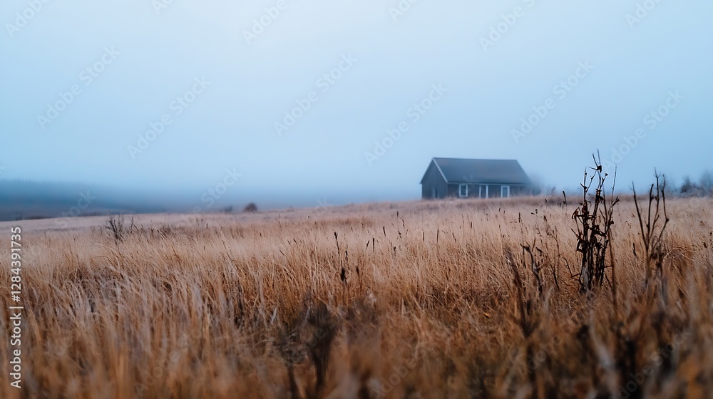 Poster Lonely house on a foggy field surrounded by tall grass in a serene landscape : Generative AI