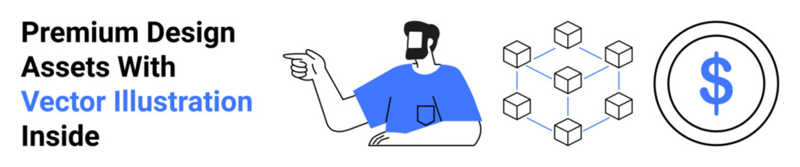 Male figure pointing to a blockchain network and dollar sign symbolizing technology, finance, and innovation. Ideal for fintech, cryptocurrency, digital economy, investment, e-commerce, technology