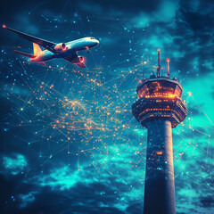 Airplane flying over airport control tower with digital data, Modern airport with airplane and digital network connections





