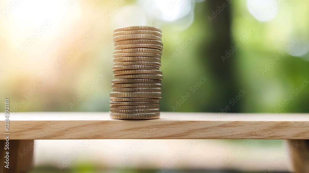 Fototapete Stack of shiny coins on a wooden surface against a blurred background symbolizing financial growth and investment : Generative AI