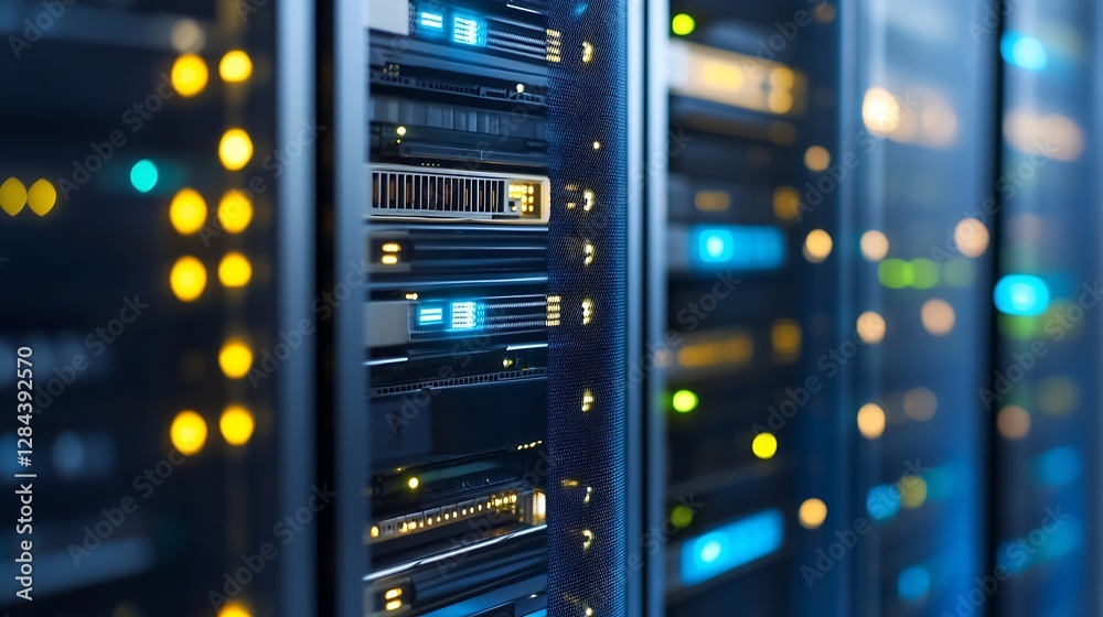 Fototapete CloseUp View of a Dynamic and Modern Data Center with Illuminated Server Racks and Lights : Generative AI
