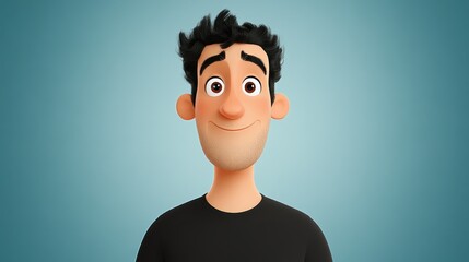 A cheerful animated character with black curly hair and big eyes stands smiling in a relaxed manner. The backdrop is a soft light blue, enhancing the friendly vibe