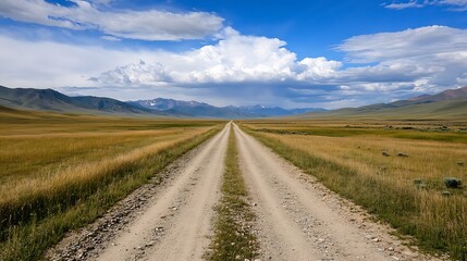 Picturesque view of a dusty dirt road stretching into the horizon under blue skies : Generative AI