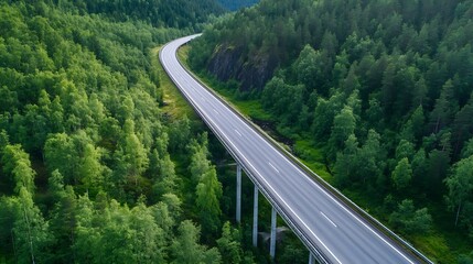 Aerial view of a winding highway surrounded by lush green forest in a serene landscape : Generative AI