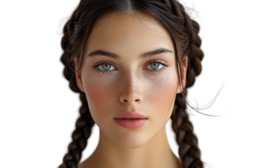 Closeup portrait of a young woman with freckles and braids ideal for beauty fashion and cosmetics advertising campaigns
