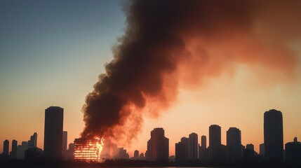 A high-rise building is engulfed in flames with thick smoke billowing into the evening sky. The vibrant colors of sunset contrast sharply with the disaster, showcasing the urban skyline