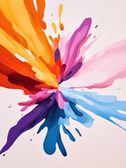 A striking display of swirling colors bursts across a light backdrop, revealing an artistic splash of orange, pink, blue, and purple hues that create an energetic vibe