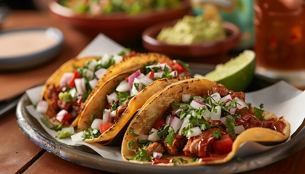Hands of a man taking a photo of tacos with a smartphone - Powered by Adobe