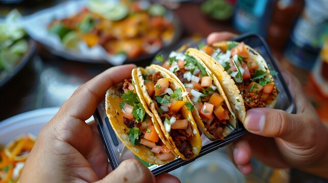Hands of a man taking a photo of tacos with a smartphone