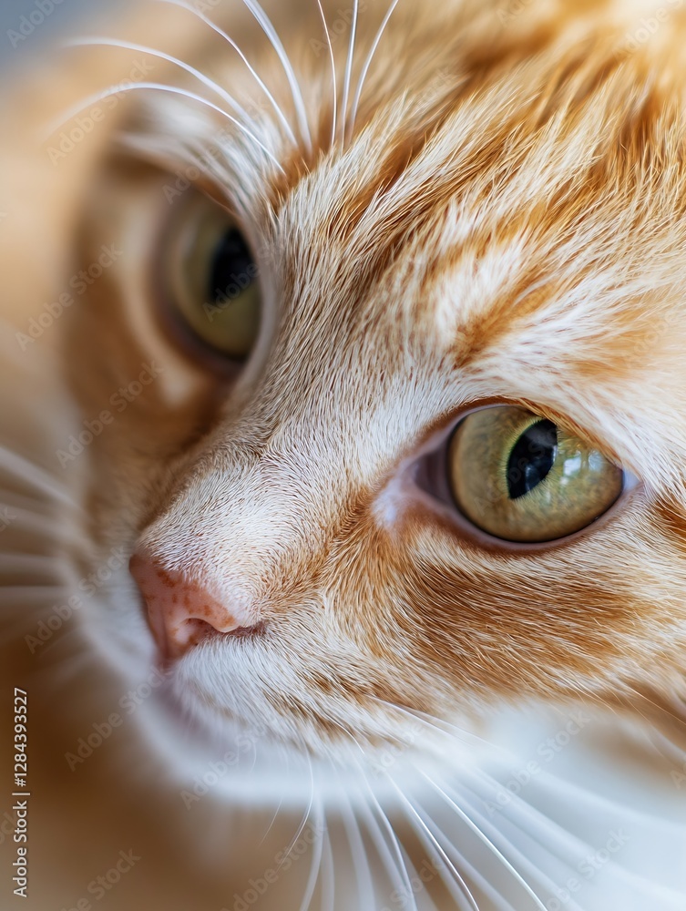 Poster closeup portrait of a curious orange cat with striking green eyes and soft fur capturing a sense of 