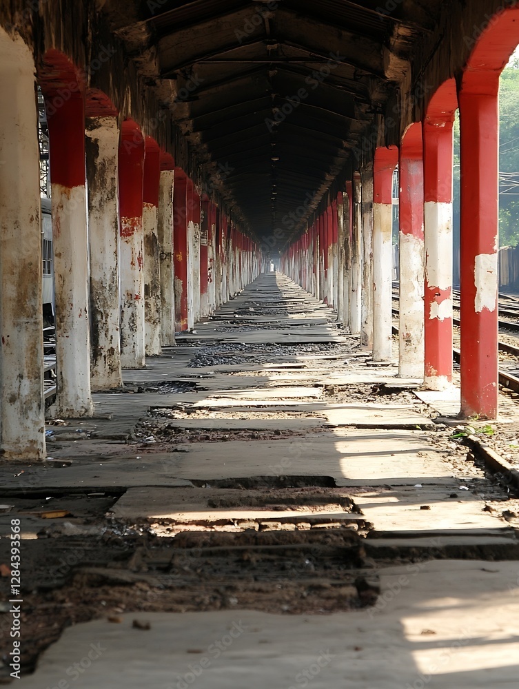 Poster long abandoned train platform with weathered columns and empty tracks creating a serene atmosphere :