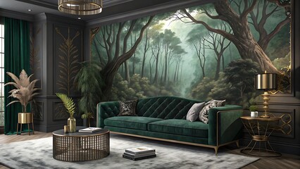 Bold living room with forest mural, velvet sofa, and metallic accents